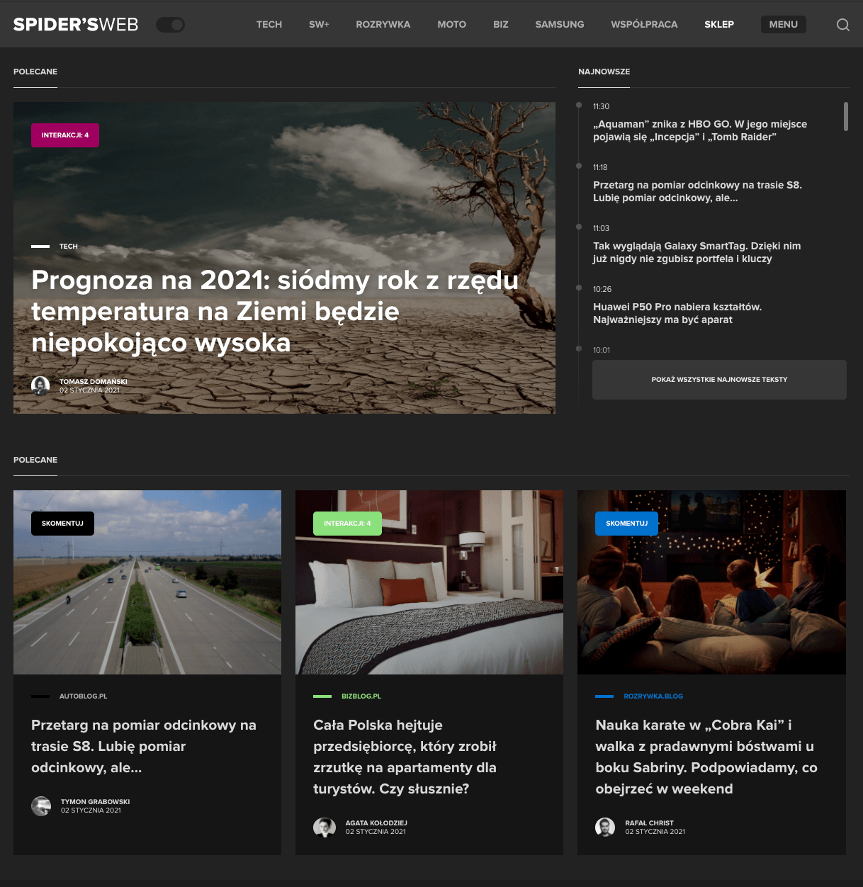 Spider's Web portal in dark mode